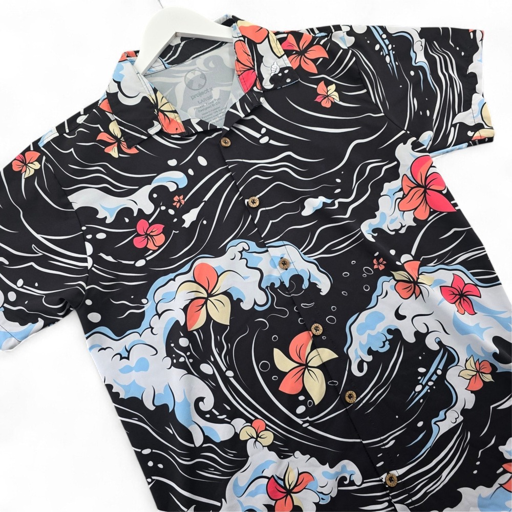 Project X Men Large Black Floral Wave Print Short Sleeve Button Up Shirt Spandex